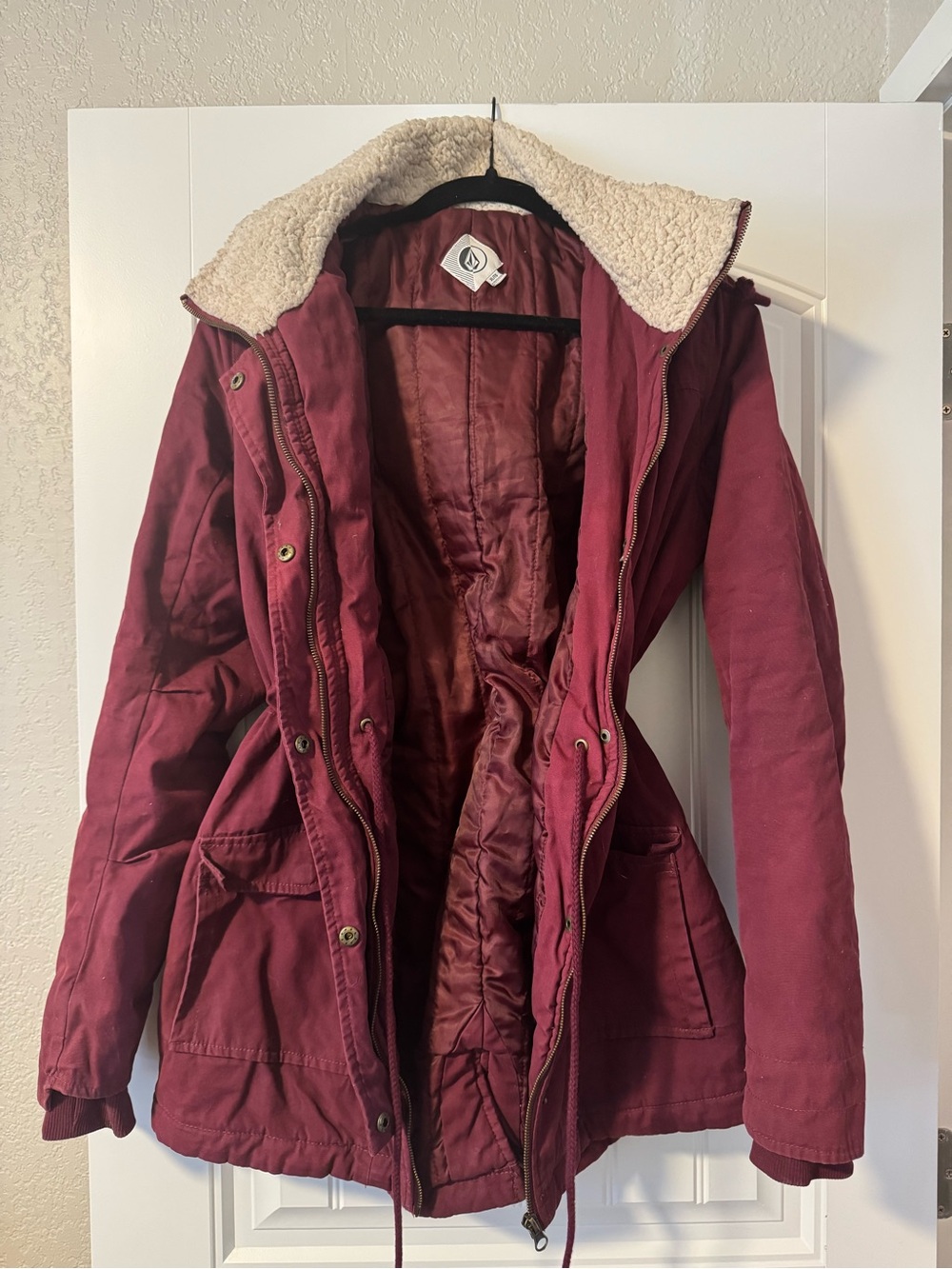Volcom Burgundy Sherpa-Trim Bomber Coat
